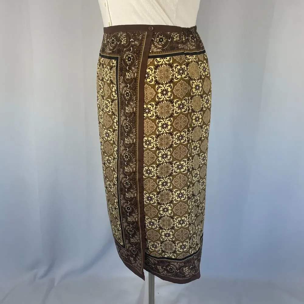 Y2K Midi Skirt Size 14 Brown Medallion Scarf Print Faux Wrap Column Boho Vtg 90s